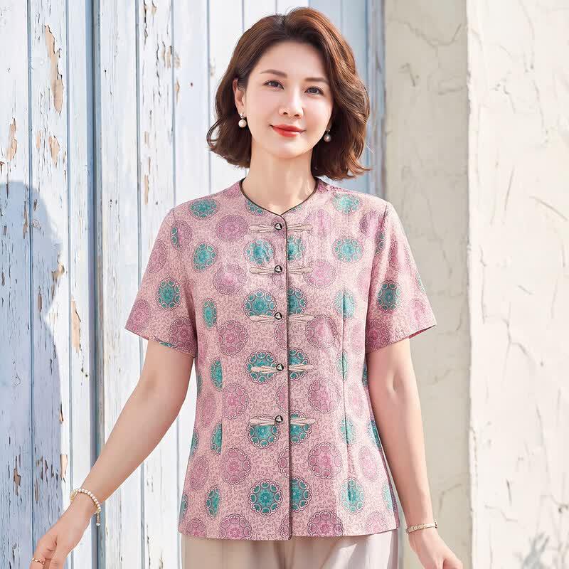 Women s Elegant Chinese Style Floral Short Sleeve Blouse XL