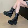 Echtes Leder Plateau Dicke High Heels Damen Stiefeletten Schwarz Quadratischer Kopf Hinten Reißverschluss Bequeme Gothic Schuhe Zapatos Mujer