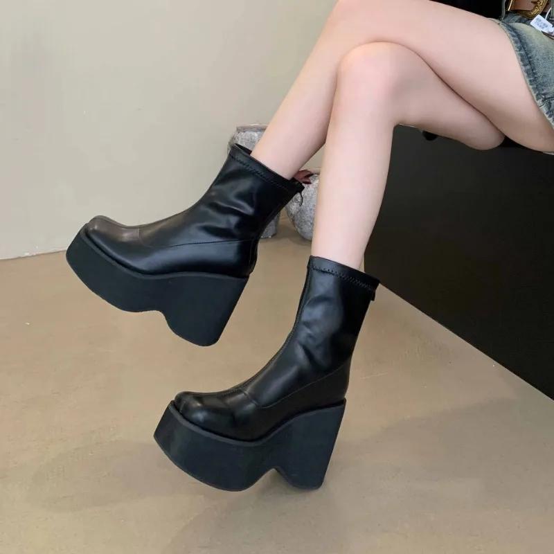 Genuine Leather Platform Thick High Heels Womens Ankle Boots Black Square Head Rear Zipper Comfy Gothic Shoes Zapatos Mujer