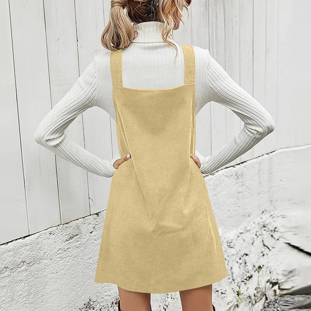 Ladies' Loose Casual Slimming V-neck Color Corduroy Fashionable Shoulder Strap Skirt