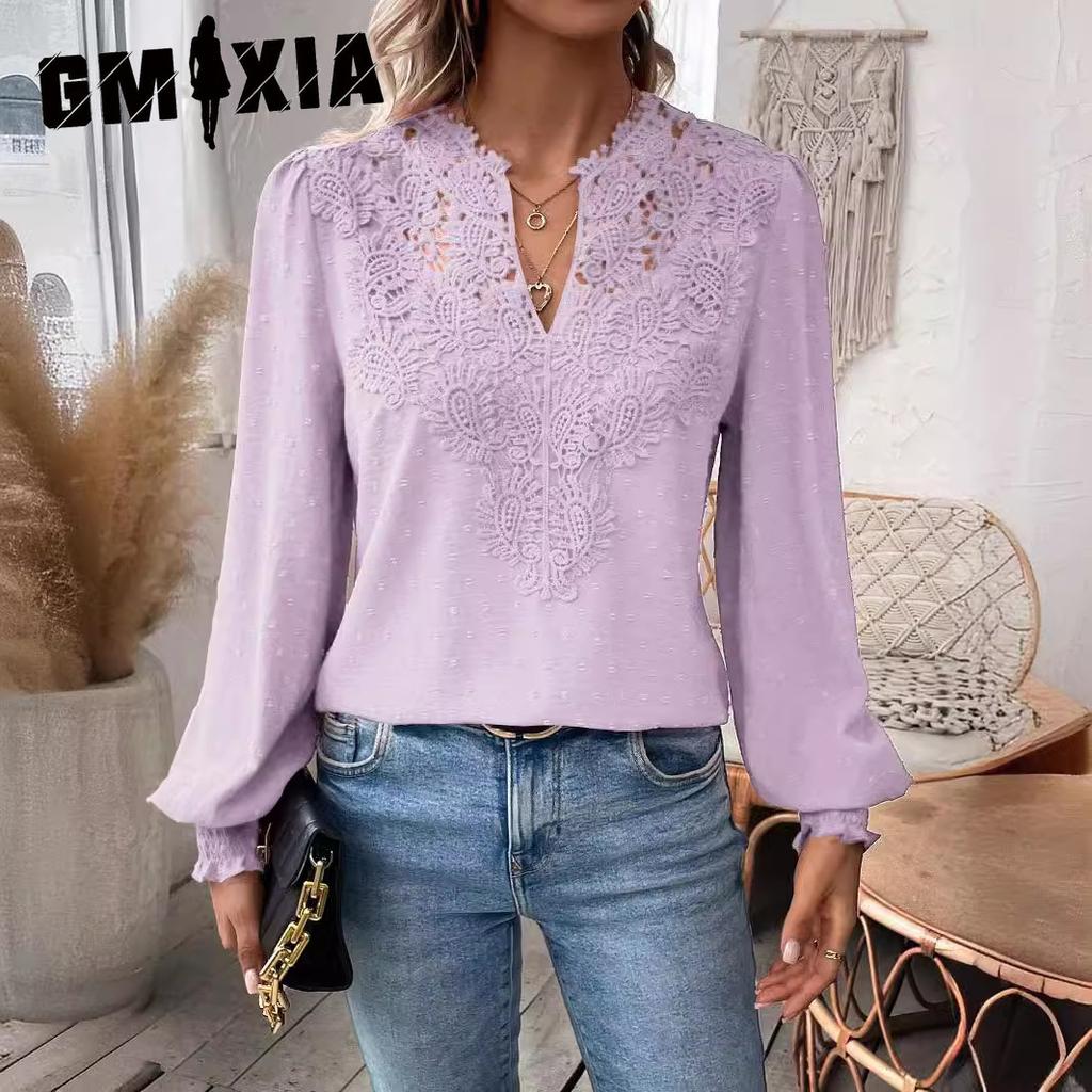 GMXIA Podzimní Zimní Móda Výstřih do V Krajka Jednobarevné Dlouhý Rukáv Ležérní T Dámský Top