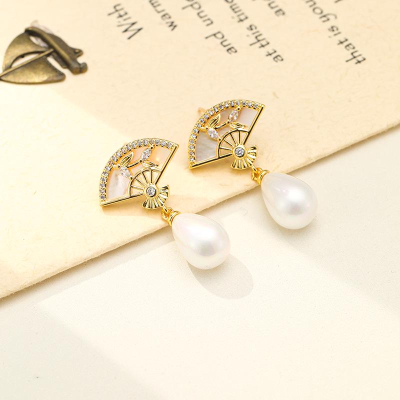 14k Gold-Plated Mother of Pearl Earrings with Zircon, Traditional Qipao Style