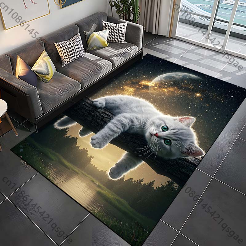 

1PC White cat on tree night sky Print Carpet Rug for Living Room Bedroom Sofa Doormat Home Decor Non-slip Floor Mat 40x60cm