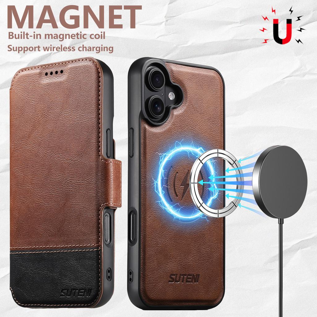 SUTENI Q-06 For iPhone 16 Case Color Splicing Magnetic Detachable Leather Phone Cover