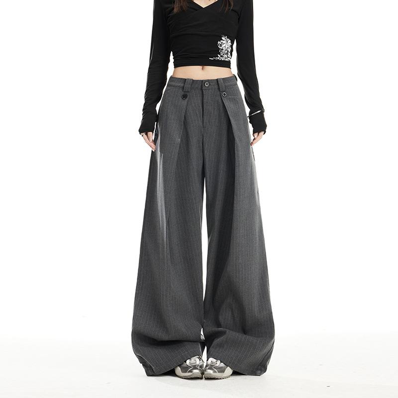 Gray Striped Wide-Leg High-Waisted Women's Pants - 2026 Spring Arrival, Straight and Slimming Versatile Suit Style.