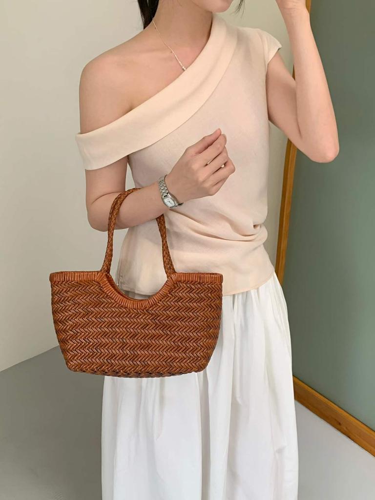 Nuovo Stile Borsa da Viaggio a Mano Intrecciata a Mano in Vera Pelle Imitazione Rattan per le Feste