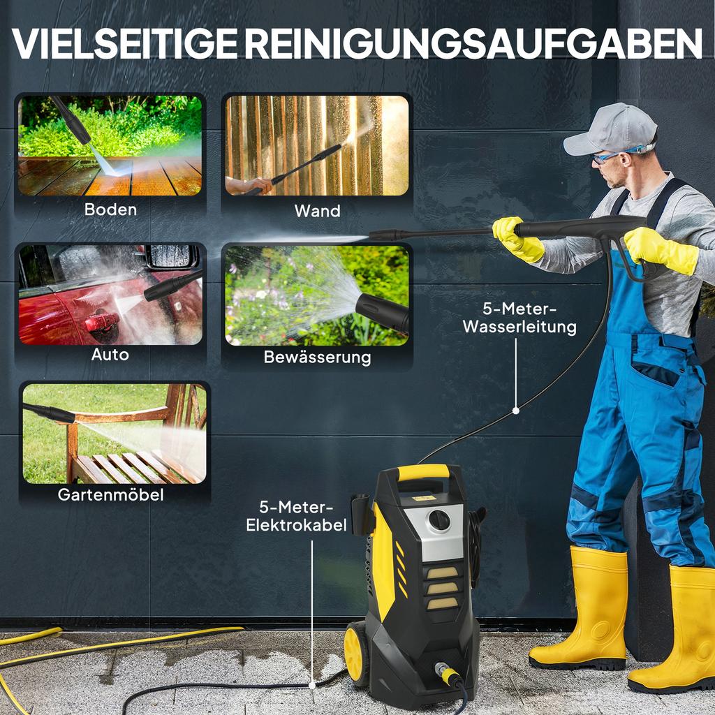 High-Pressure Washer with Aluminum Pump 135 Bar Maximum Pressure 1800W Power 540 L/h 5m Hose Adjustable Nozzle & Handles