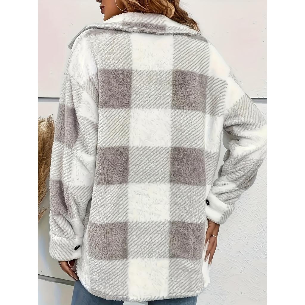 Ladies' Plush Fleece Winter Coat - Grid High Stretch Coat, Middle Eastern Elegant Collection, Machine Washable for Autumn and Winter