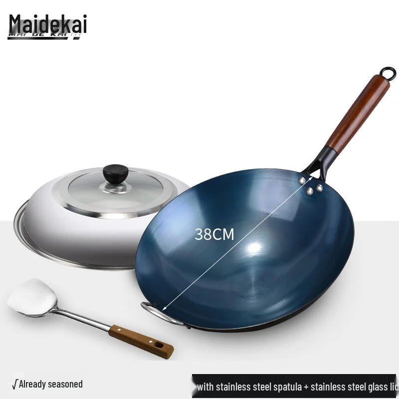 Традиционный вок Maidekai из вороненой кованой стали с деревянной ручкой 38cm