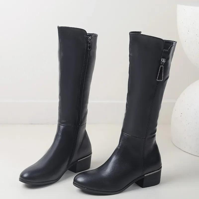 Women Boots Zipper Thick High Heels Simple Fashion Thick High Heels Autumn Winter Woman Boots Knee High Botas