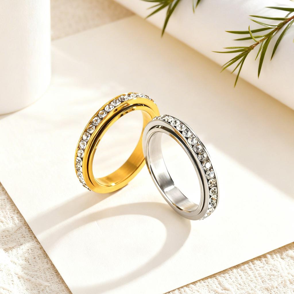 Spinner Ring Cubic Zirconia Eternity Band for Women Men, 4mm Stainless Steel Fidget Ring for Anxiety Stress Relief Non Tarnish