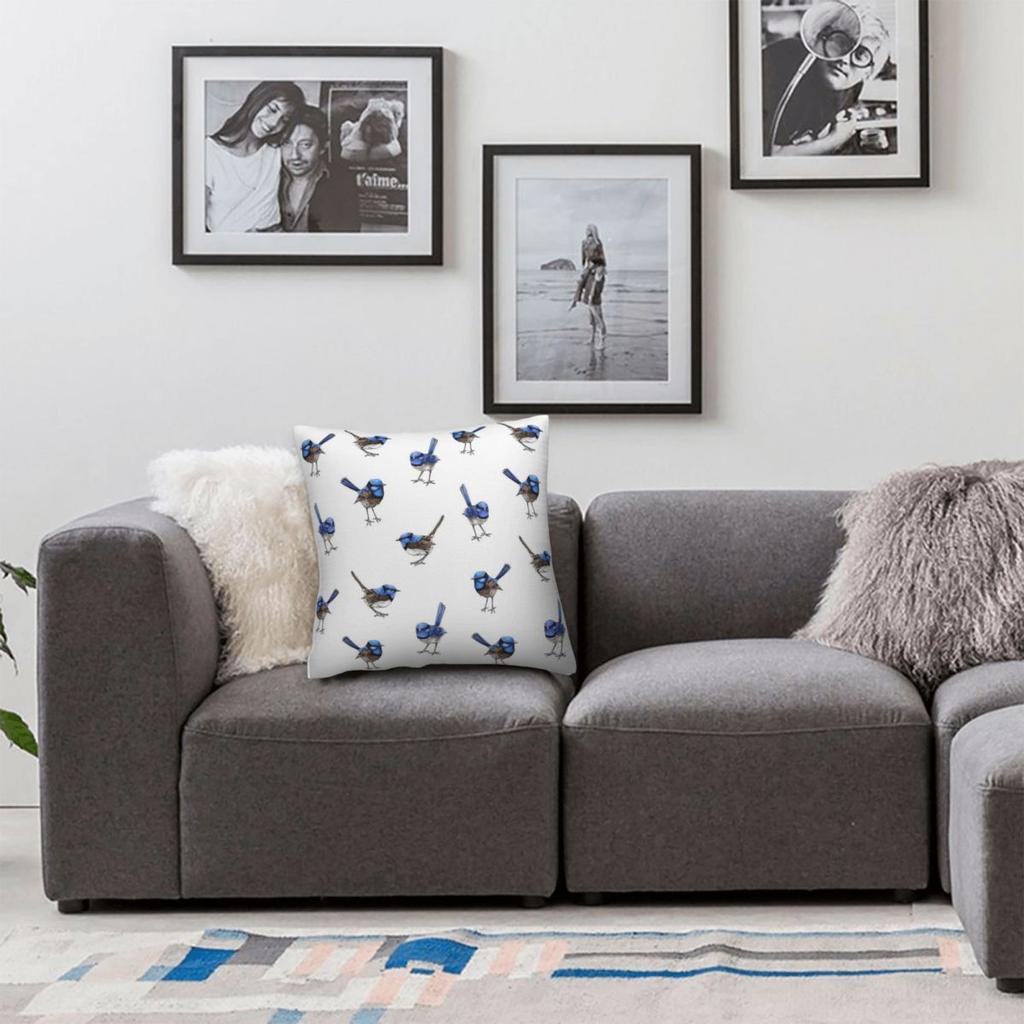 Blaue Zaunkönige Verstreut Auf Weißem Quadratischen Kissenbezug Polyester Leinen Samt Muster Reißverschluss Dekoration Kissenhülle Zimmer Kissenbezug