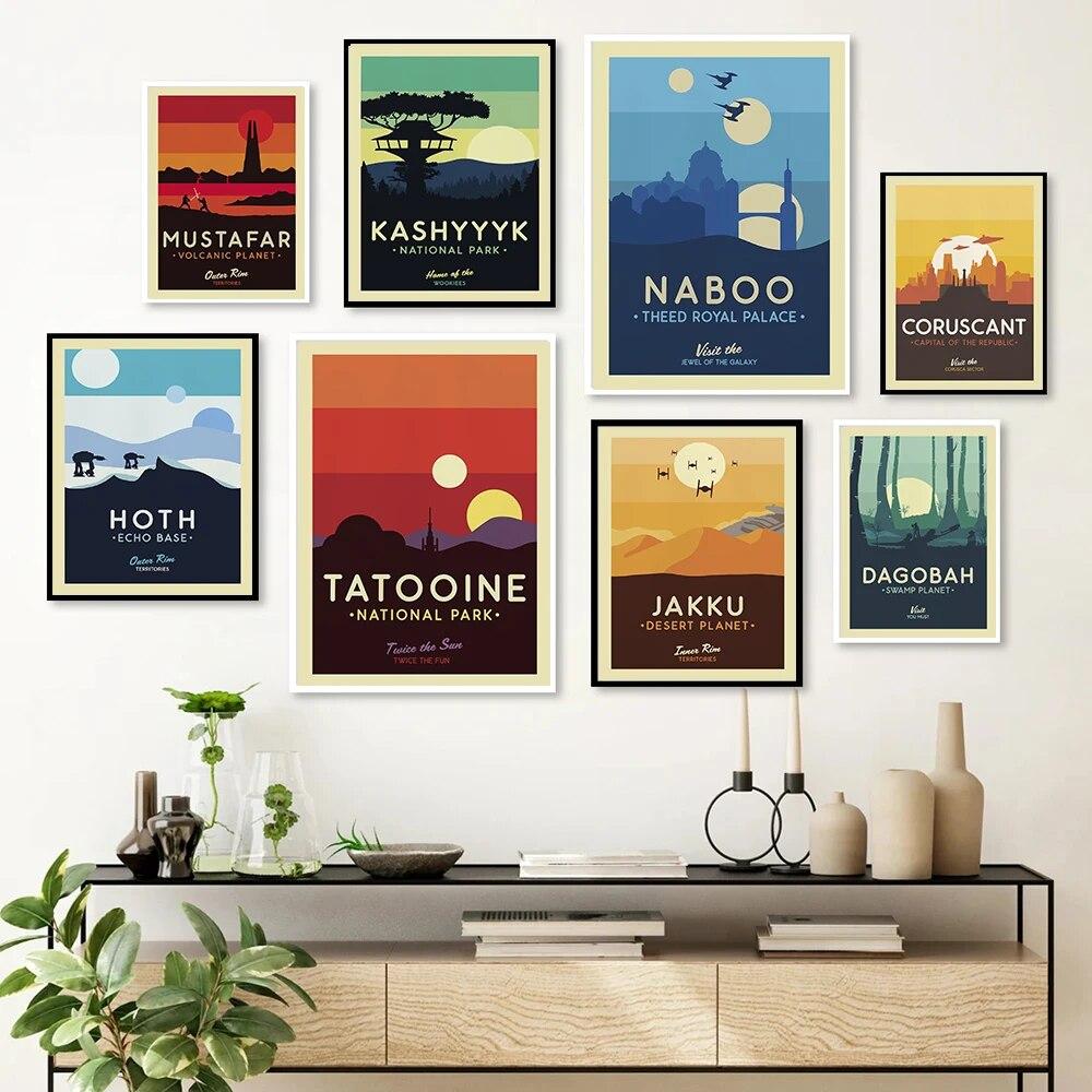 

Ретро Татуин, планета Хот, звезда, абстрактный пейзаж, холст, картина, принты, войны, минимальные постеры с фильмами для гостиной, домашний декор, без рамки