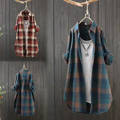 Vintage Casual Blouse Loose Plus Size Tops Women's Clothes Medium Long Plaid Shirt Women Cotton Linen Clothes Female Shirts