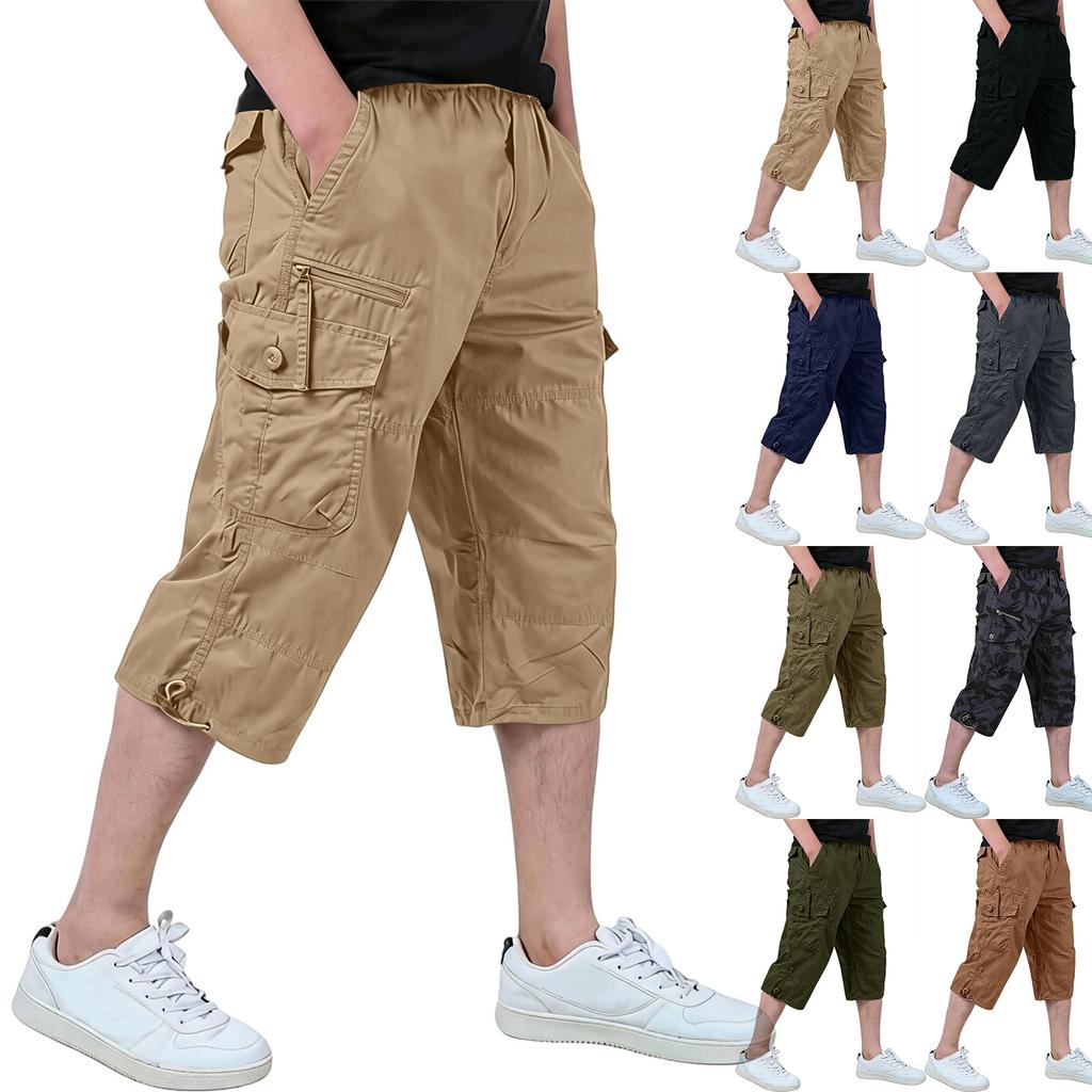 Heren Relaxed Fit 3/4 Cargo Shorts Elastische Taille Lichtgewicht Meerdere Zakken Casual Losse Rechte Pijpen Broek
