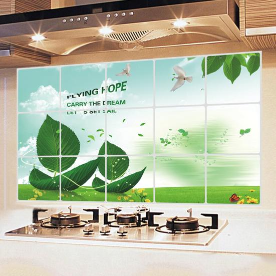 Kitchen Oil Proof Wall Stickers Flowers/Fruits/Green Leaves Waterproof Backsplash Wall Protector Film Removable Tile Decal for Cupboard