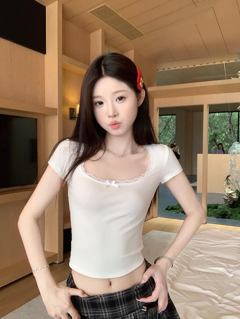 

Белый Сладкий Кружевной Приталенный Летний Женский Топ с Коротким Рукавом S Premium белый