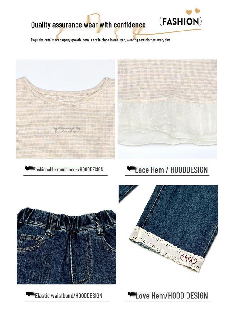 2025 Fashionable Long Sleeve Lace T-shirt for Girls' Spring & Autumn