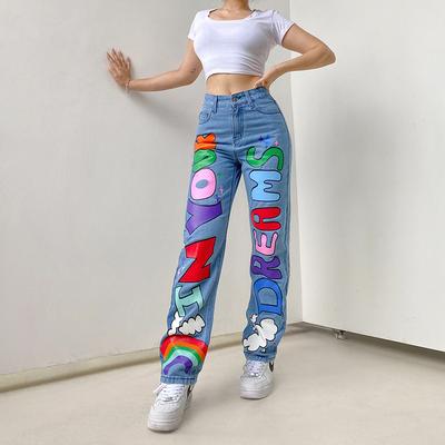 Trendy High-Waisted Loose Fit Printed Graffiti Women's Straight-Leg Jeans, Rainbow Denim Pants Loose Graffiti Printed