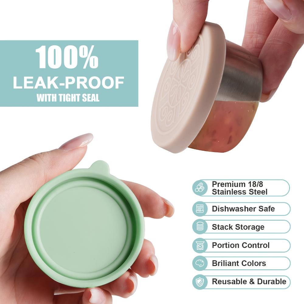 Salad Dressing Container With 1.6oz/45ml Reusable Stainless Steel Cup And Leakproof Silicone Stretch Lid For Picnic Food Storage