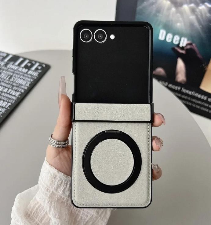 For Samsung Galaxy Z Flip 8 7 FE 6 5 4 3 Flip7 Flip6 Flip5 Hinge Protection Magnetic Case 360 Rotating Ring Holder Leather Cover