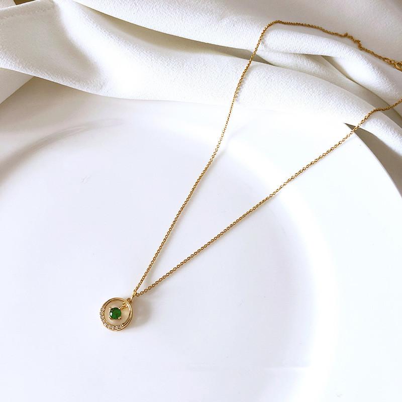 925 Sterling Silver Emerald Crystal Geometric Circle Pendant Clavicle Chain Necklace Women 14k Gold Plating Simple Party Jewelry