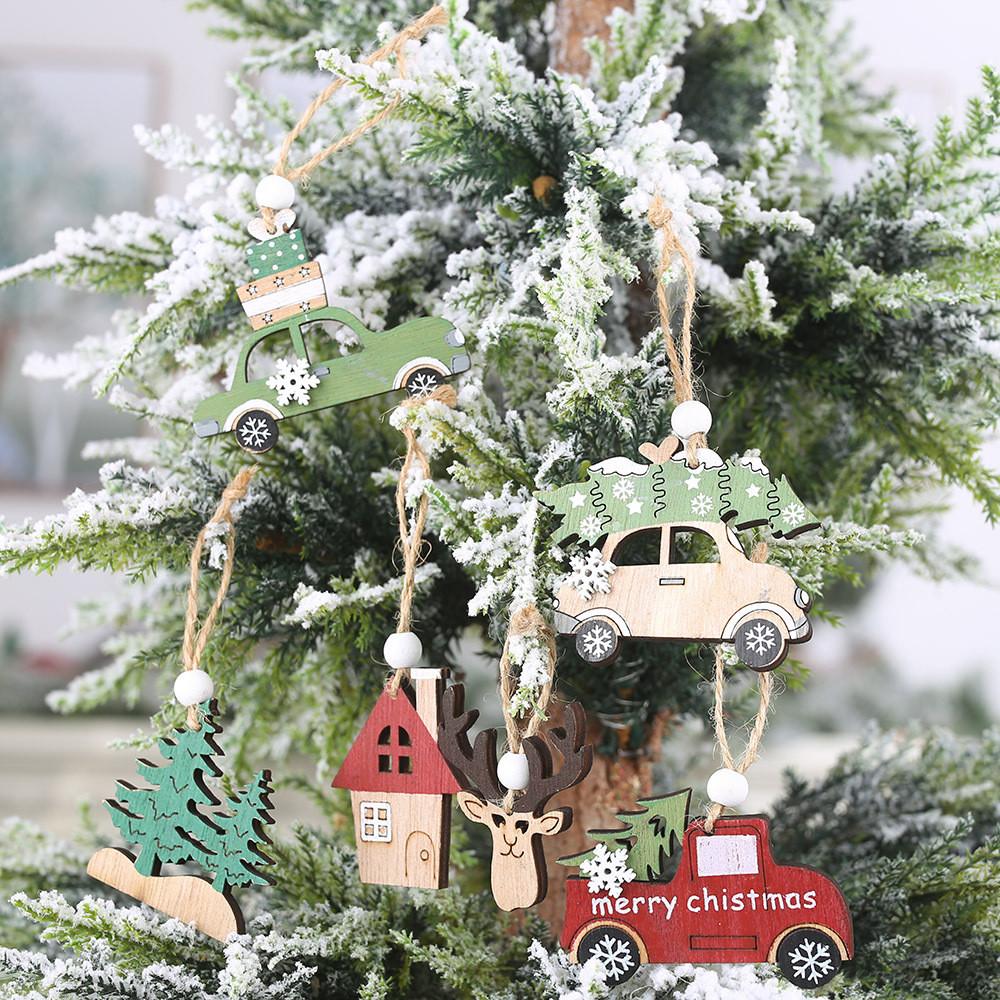 Charming Wooden Christmas Tree Hanging Ornaments Set With Car And Reindeer Designs
