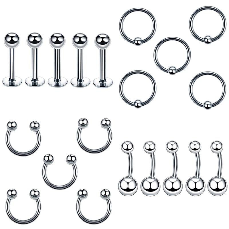 85PCS/Set Stainless Steel Eyebrow Bar Tongue Lip Nose Pircing Ear Studs Stainless Steel Mixed Body Jewelry Fashion Piercing Set