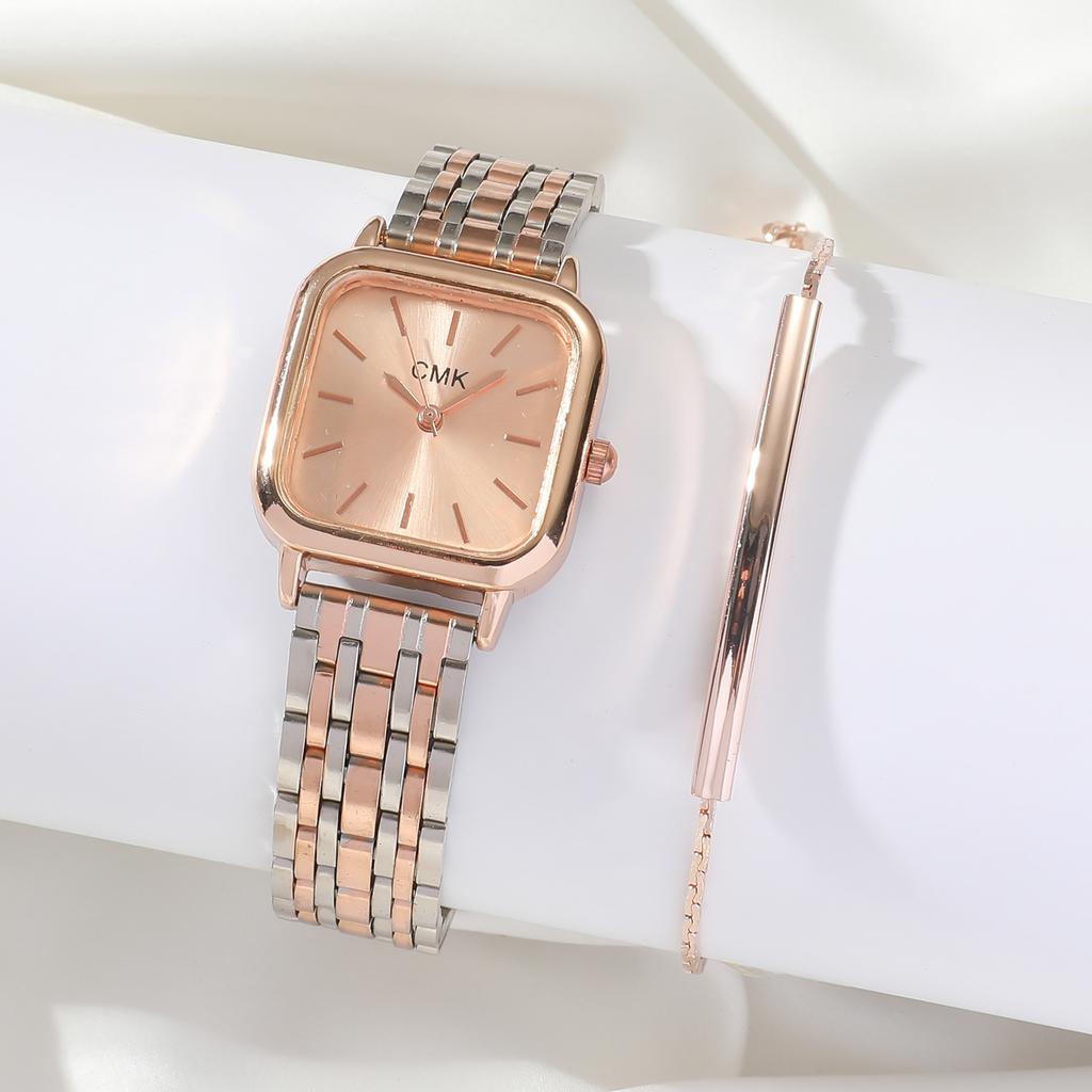 2pcs Fashion Women Watches Casual Square Dial Business Quartz Wristwatches Steel Chain Reloj Mujer Girls Clock Gift Wholesale