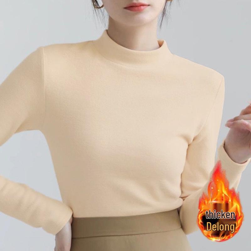 Women's Velvet Fleece-Lined Slimming Warm Long Sleeve T-Shirt - Autumn/Winter.