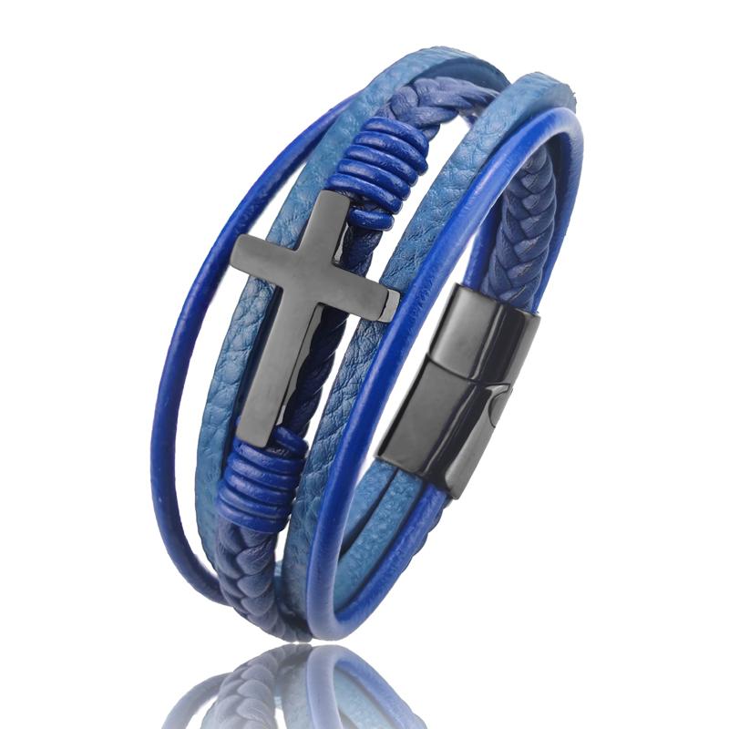 New Arrival Classic Stainless Steel Blue Cross Braided Genuine Leather Bracelets Magnetic Clasp Mens Charm Bangles Wholesale
