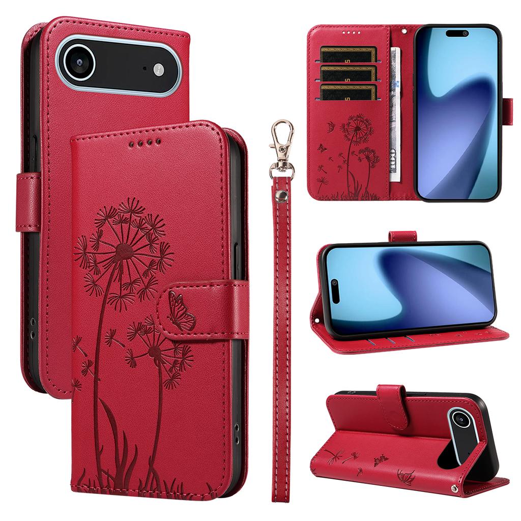 For iPhone 17 Air Leather Wallet Case with Strap Dandelion Imprint Phone Stand Cover