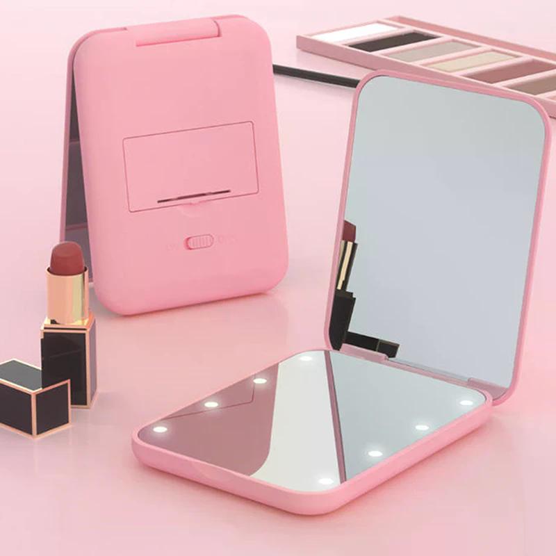 Mini Kompaktowe Lustro do Makijażu LED ze Światłem Powiększające 2x Małe Kieszonkowe Przenośne Podróżne Różowe Czarne Składane Kosmetyczne Lustra Toaletowe