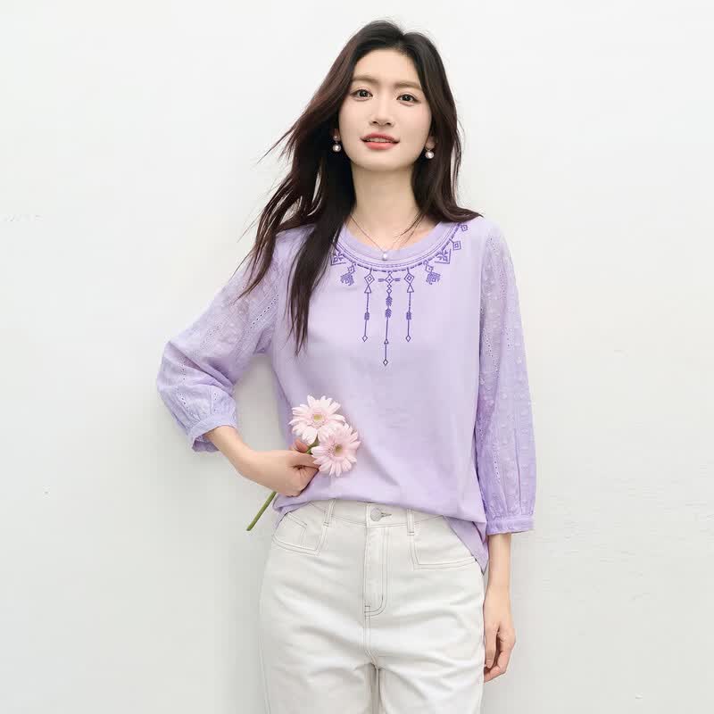 SLLSKY Women s Ethnic Embroidered Round Neck T-Shirt XL