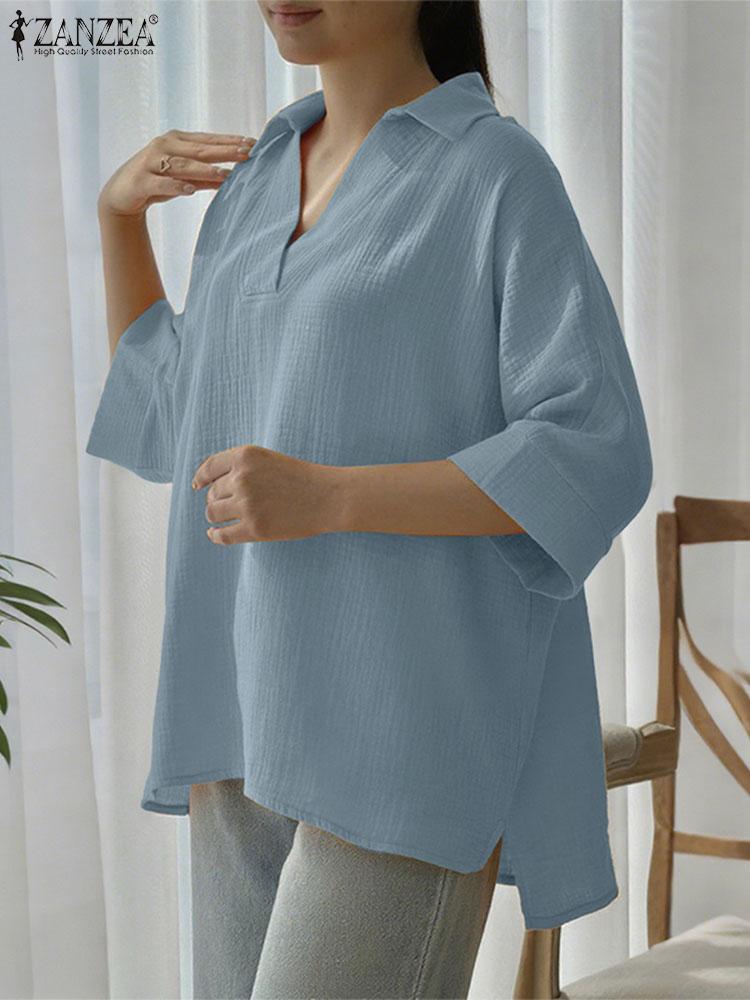 ZANZEA Women Classic Collar Loose 3/4 Sleeve Solid Blouse