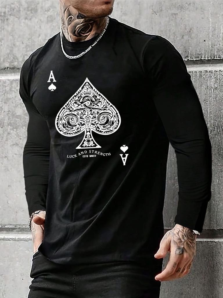 Men's Loose and Comfortable Casual Sports Poker Card A Pattern Printed Round Neck Long Sleeved T-Shirt Top