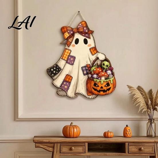 Party Background Decor Halloween Cute Bow Wooden Patchwork Sign Ghost Door Hanging Plaque with Pumpkin Candy Basket Decorative Retro Wall