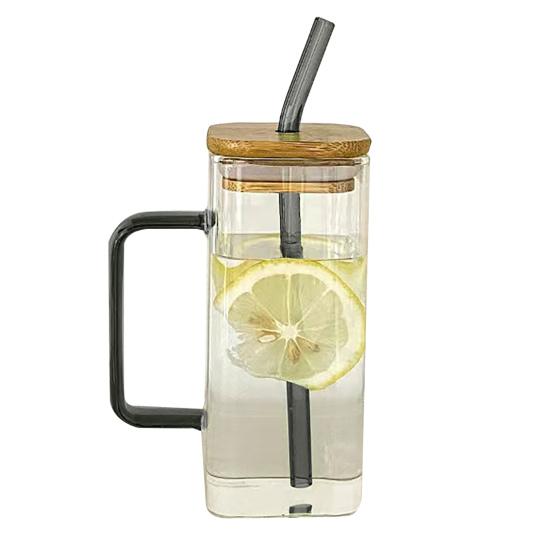 Square Glass Tumbler with Handle And Lid 380ml Transparent Coffee Cup Portable Tea Milk Jar for Hot Cold Drinks
