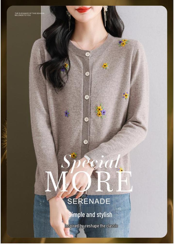 Women's Floral Embroidered Pure Wool Knit Cardigan Sweater