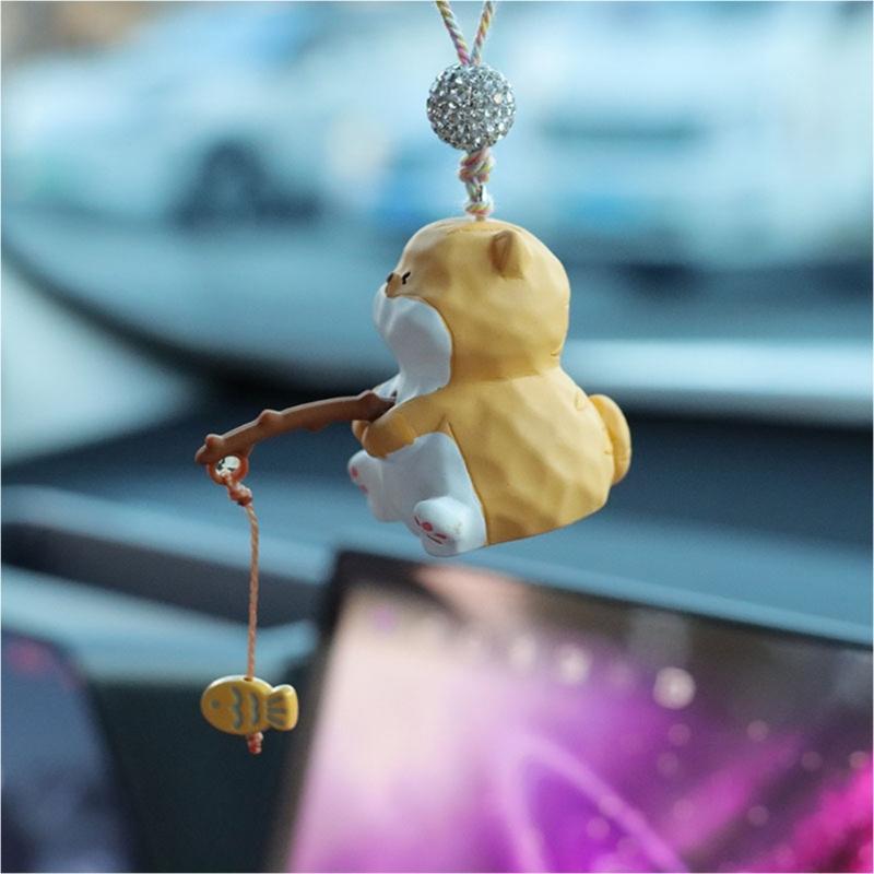 Fishing Cats Car Rear View Mirror Pendant Hanging Ornament Car Decoration Funny Car Interior Decors Gift for Women Men
