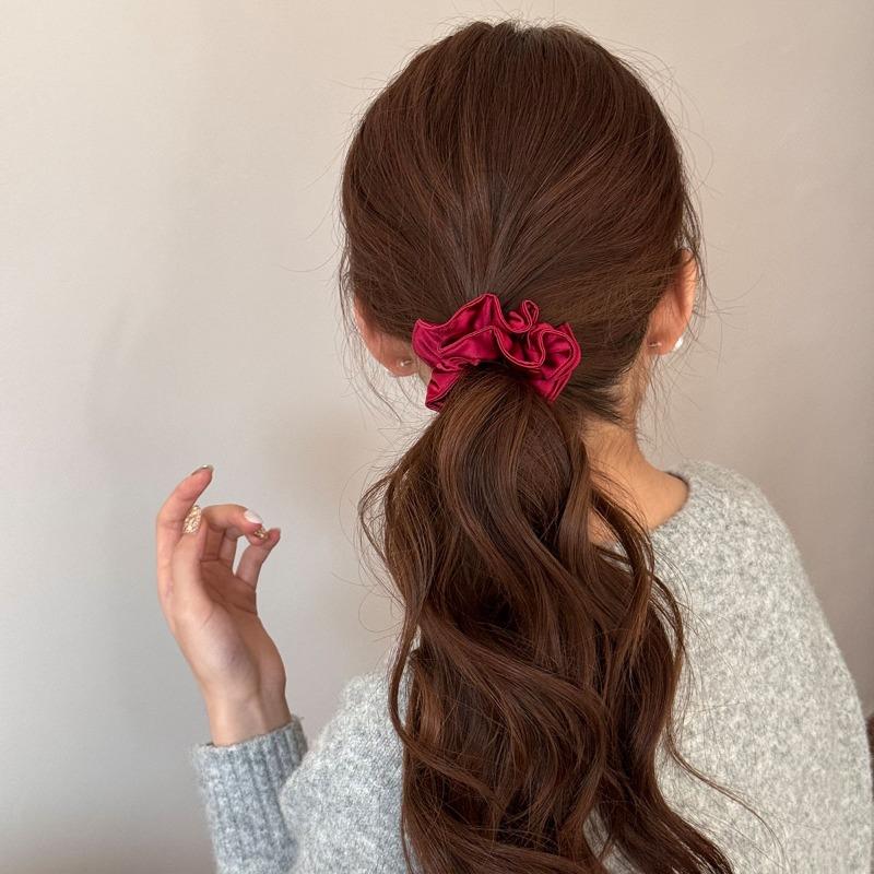 Red Satin Pleated Small Intestine Hairband Elastic Hair Tie Bun Hairpin Scalp Hair String Hair Accessory