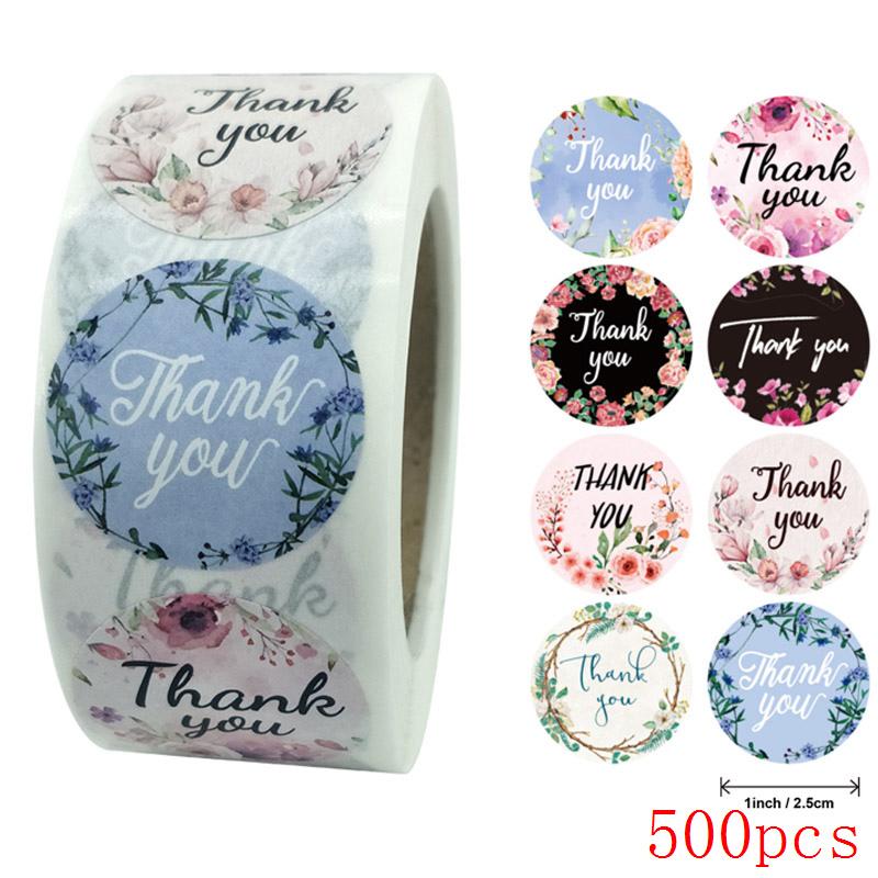 50-500pcs 8 Styles Thank You Sticker for Seal Labels Round Floral Multi Color Labels Sticker Handmade Offer Stationery Sticker