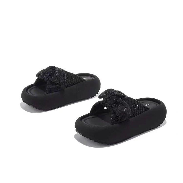 Bow Rhinestone Thick-bottomed One-word Slippers for Women To Wear 2025 New Fashionable Versatile Beach Slippers