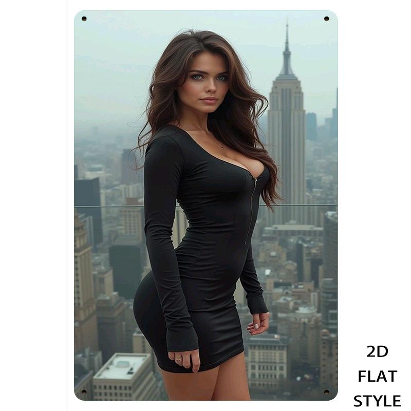 

HD Metal Tin Sign Glamorous Brunette Woman in Black Bodycon Dress Posing on NYC Rooftop Vintage Wall Art Decor for Home Bar Man 20x30cm（7.8x11.8inch）
