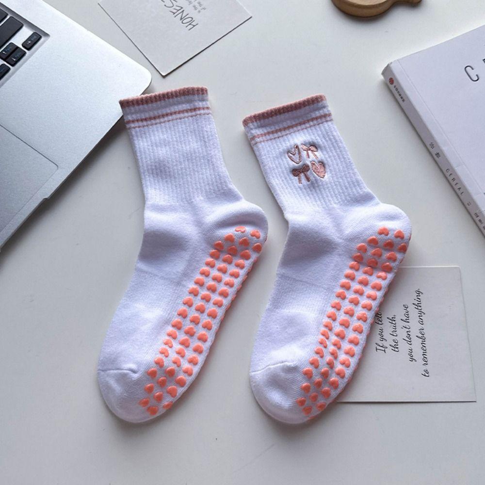 Breathable Yoga Socks Cotton Cherry Embroidery Socks New Mid Tube Socks