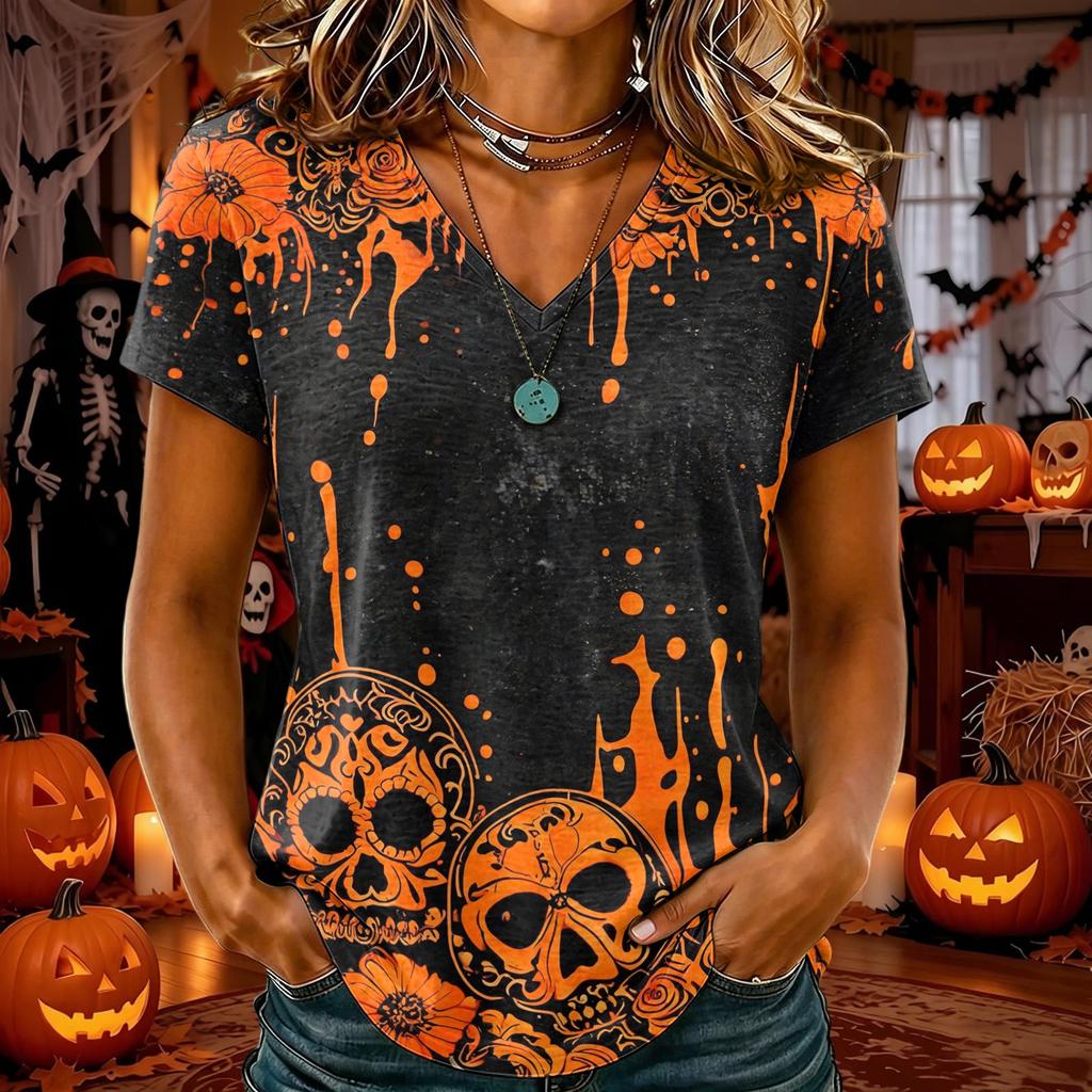 T-shirt d'Halloween pour femme à col en V et manches courtes, Haut décontracté élégant et confortable