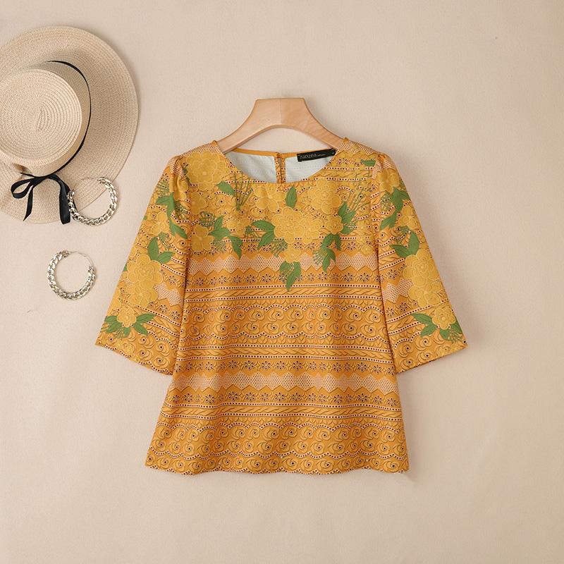 ZANZEA Women Casual Round Neck Half Sleeve Loose Print Blouse
