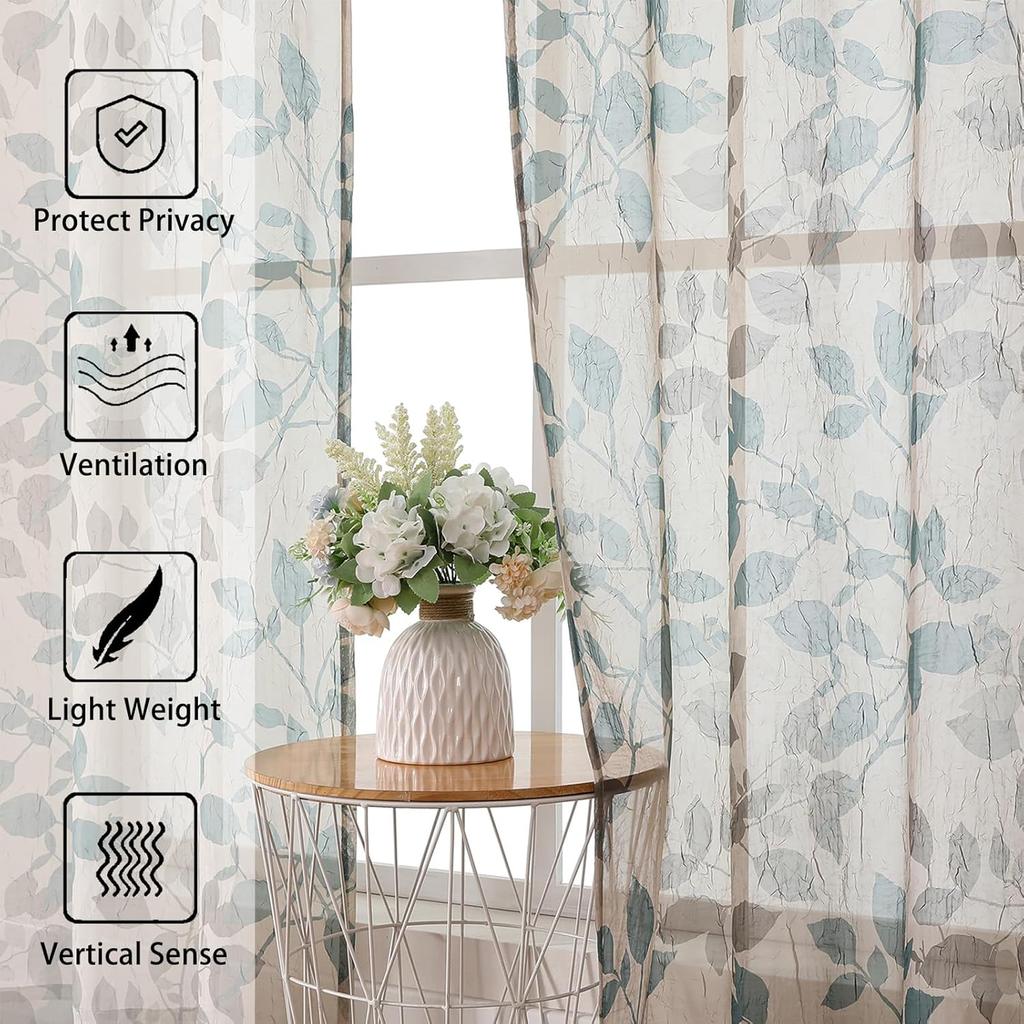 OWENIE Floral Sheer Curta with Pattern 63 Inches Long 2 Panels Set for Living Room Bedroom, Sheer Floral Curta with Printing Leaf Design Rod Pocket
