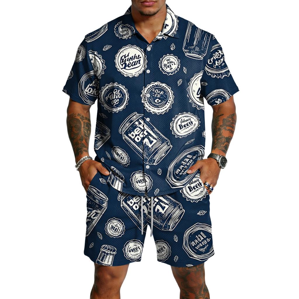 Conjunto Informal de Camisa de Manga Corta y Pantalones Cortos para Hombre con Estampado de Cerveza Ligero de Botones Atuendo de Verano para Actividades al Aire Libre