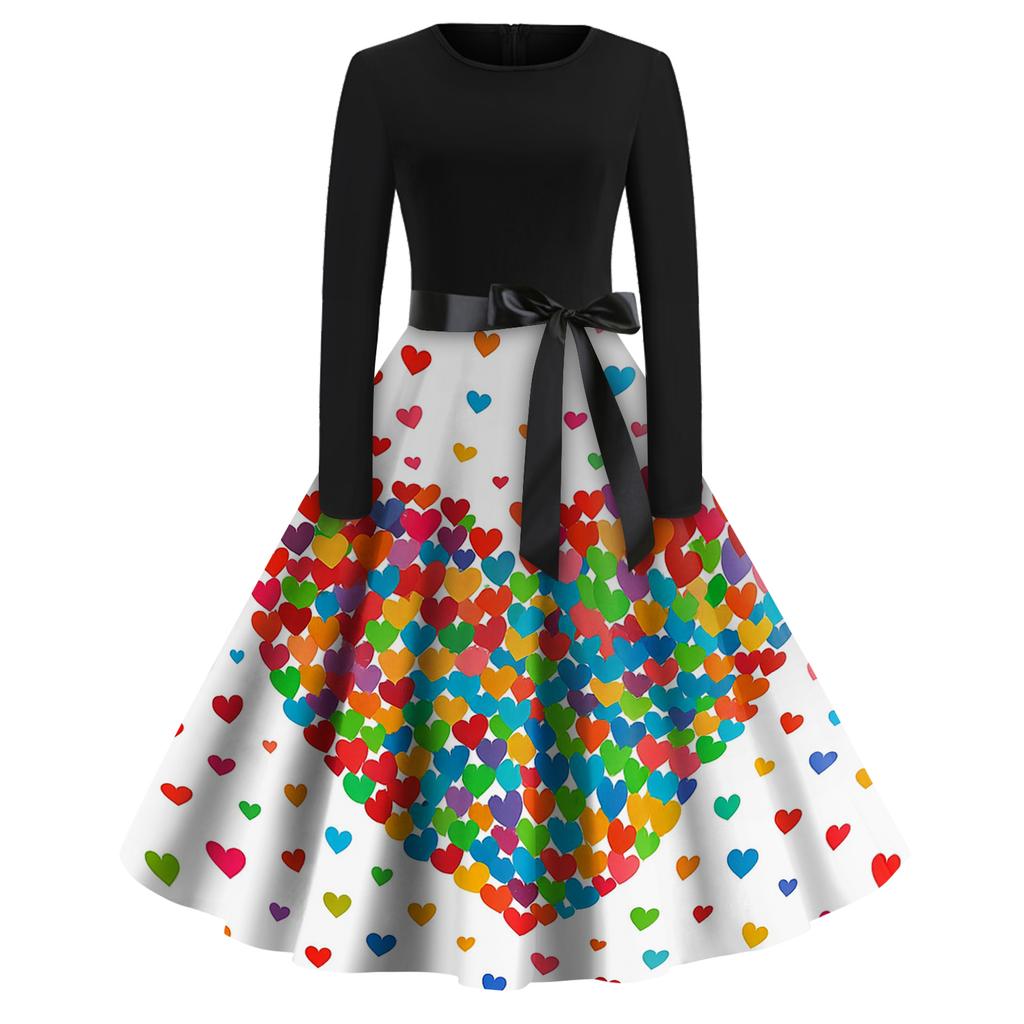 Women's Fashion Round Casual Slim Fit  Print Large Swing Long Sleeve Dress